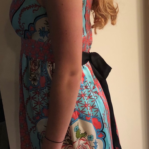 Peach and aqua print silk dress - Picture 3 of 5